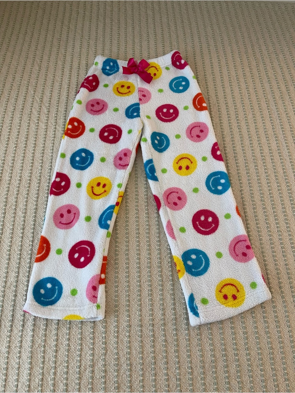Girl’s White Pajama Pants with Colorful Smiley Dots - Size: Small